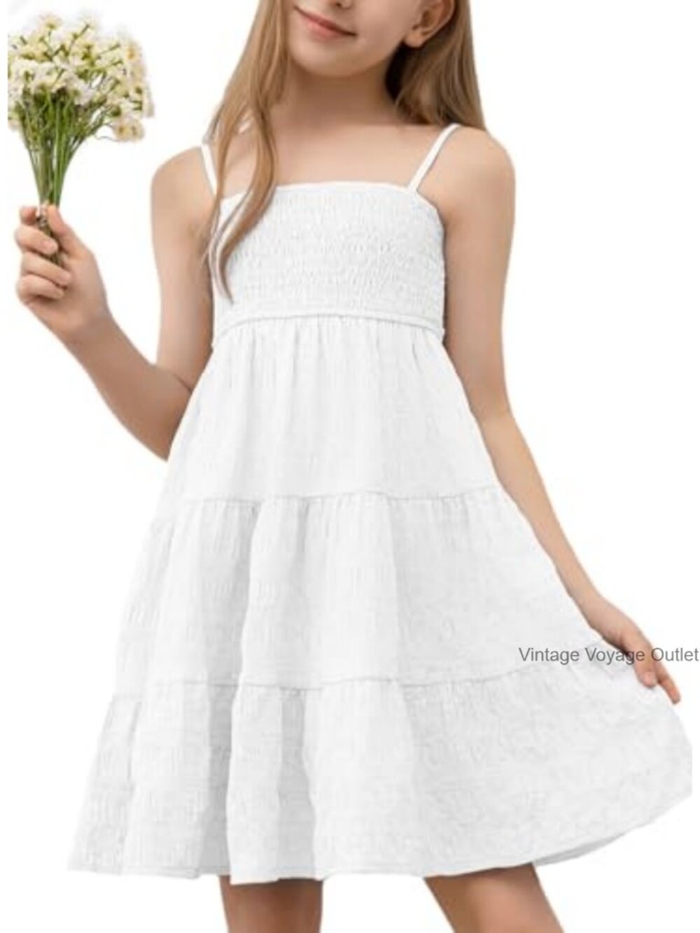 Girls Sleeveless Strap Tiered Smocked Swing Mini Sundress Casual Beach Dress